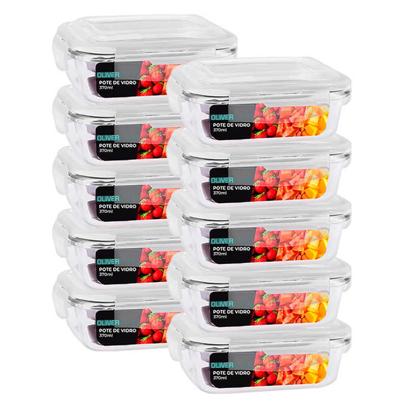 Kit de 10 Potes de Vidro Hermético de 370ml