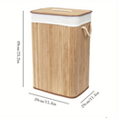 Cesto de Roupa Suja 72 LITROS Lavanderia Bambu c/ Tampa Retangular Forrado Quarto Banheiro Dobrável