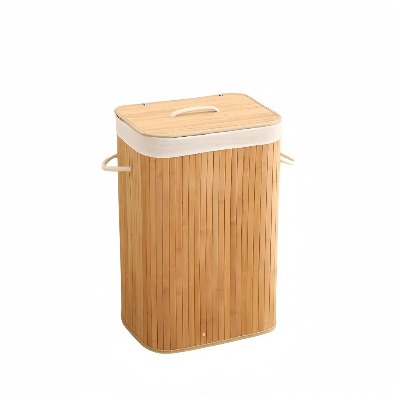 Cesto de Roupa Suja 72 LITROS Lavanderia Bambu c/ Tampa Retangular Forrado Quarto Banheiro Dobrável